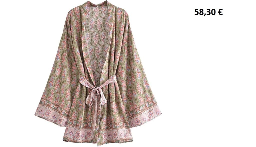 Kimono vintage vert à motifs orientaux et ceinture à nouer.