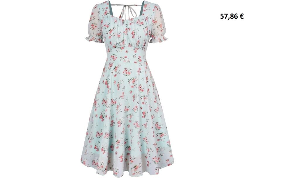 Robe vintage bleu clair à fleurs roses avec manches courtes bouffantes.