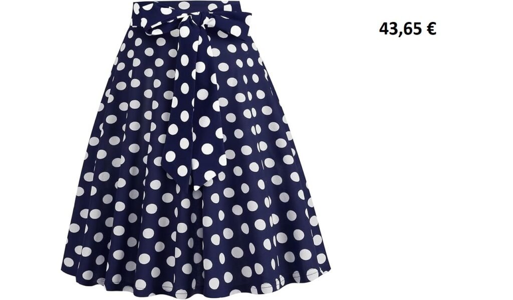Jupe vintage à pois bleu marine avec nœud à la taille.