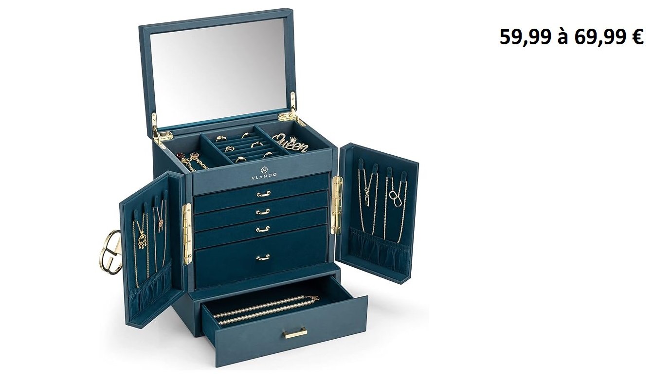 Boîte à bijoux Vlando bleu foncé avec miroir, tiroirs et rangements multiples.