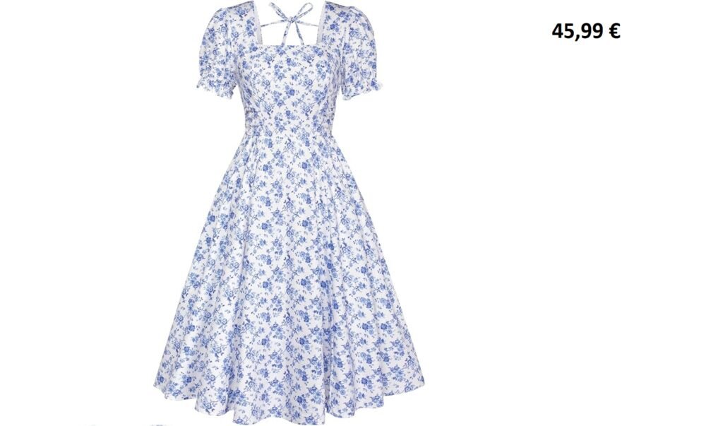 Robe vintage longue blanche à fleurs bleues avec manches bouffantes et col carré.