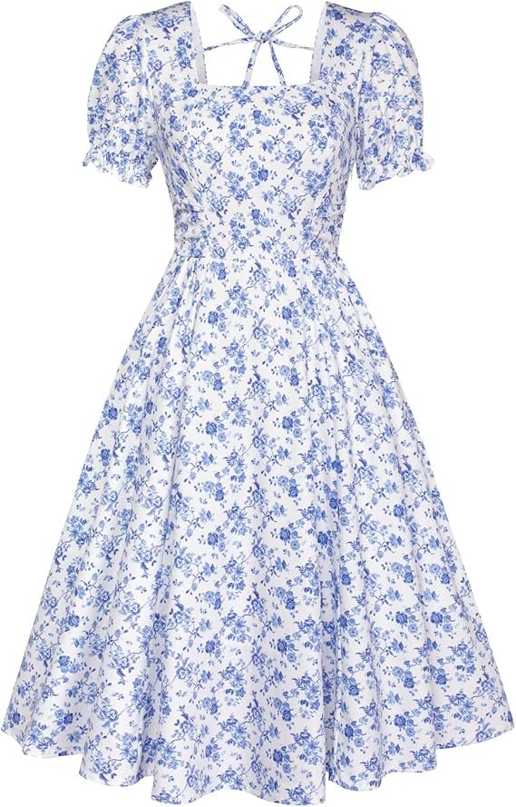Robe vintage longue blanche à fleurs bleues avec manches bouffantes et col carré.