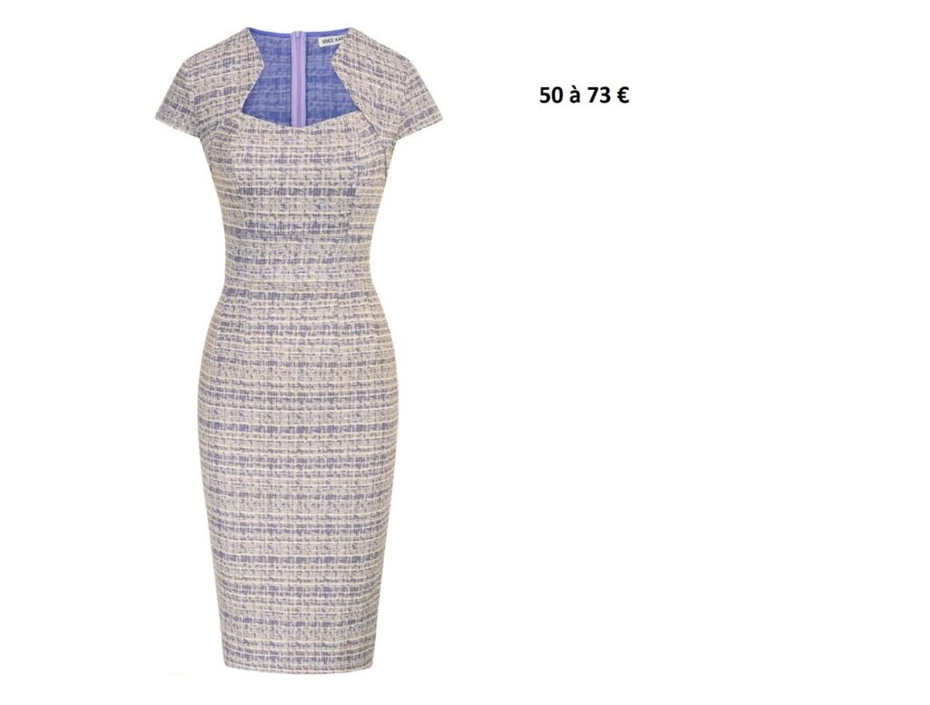 Robe crayon vintage à carreaux violets et blancs, col original en V carré, manches courtes, style tweed.