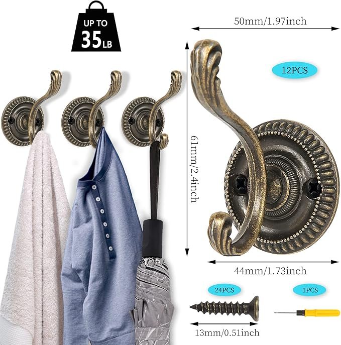 Lot de patères vintage en métal bronze, décorées de motifs classiques, vendu à 18,99 €.