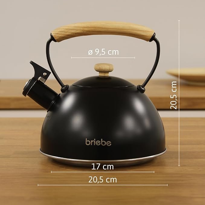 Bouilloire vintage noire avec poignée en bois, marque Briebe, dimensions indiquées.