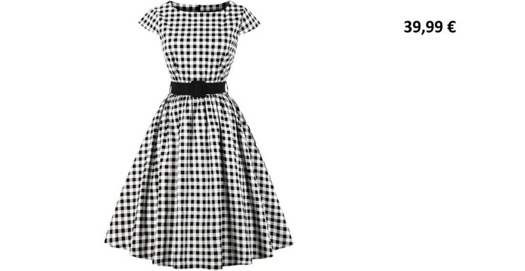 Robe vintage à carreaux noirs et blancs avec ceinture noire.
