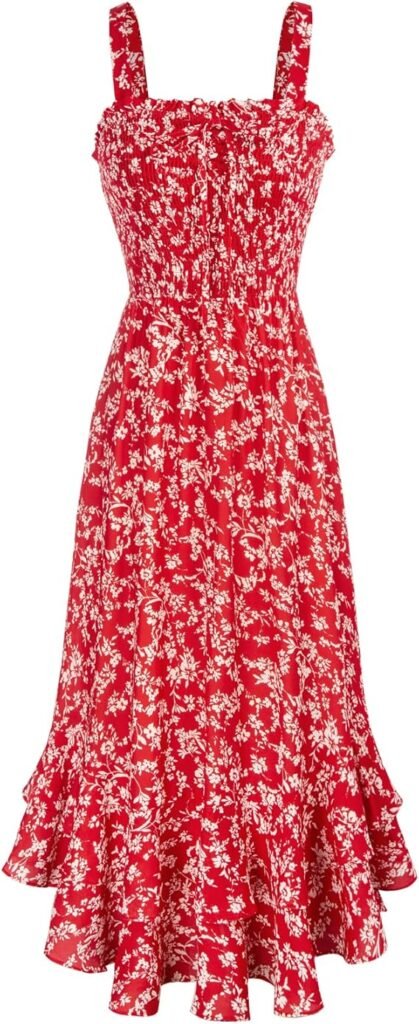 Robe longue d'été rouge à fleurs blanches, à fines bretelles et volantée en bas.