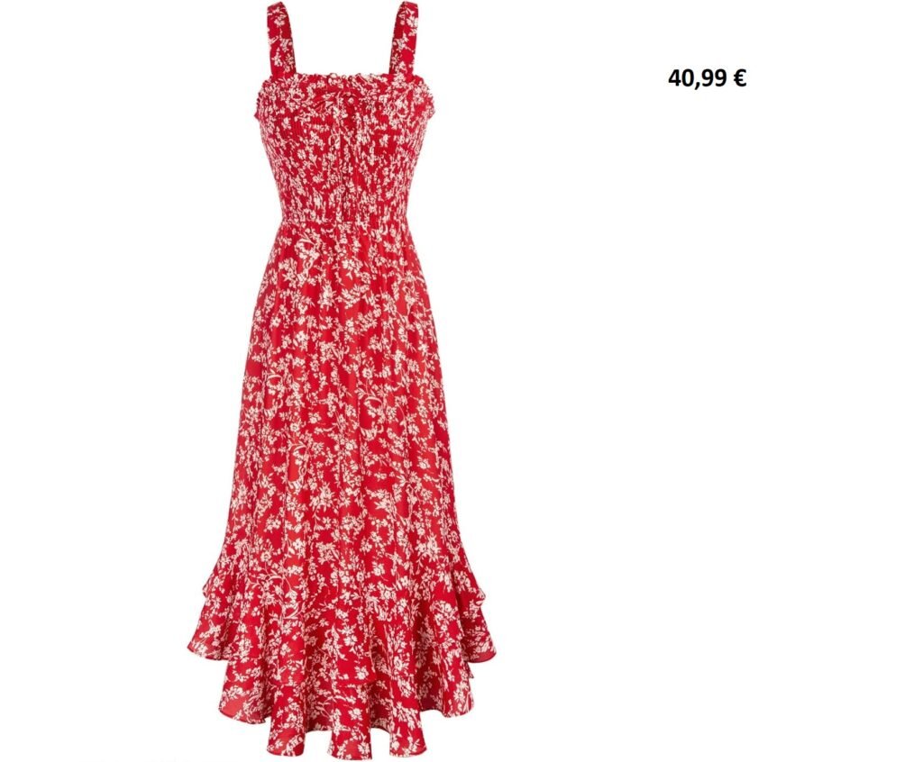 Robe longue d'été rouge à fleurs blanches, à fines bretelles et volantée en bas.