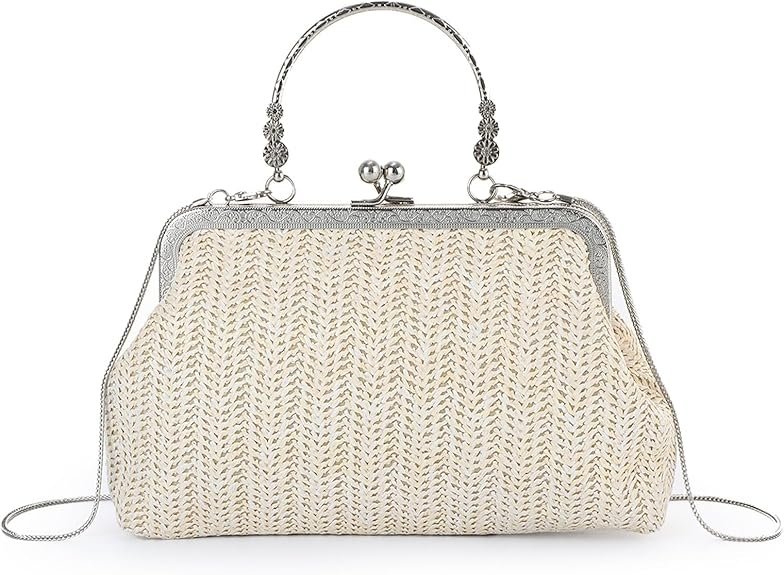 Sac à main vintage en paille tressée avec fermoir en métal argenté.