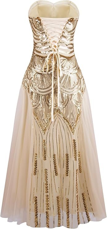 Robe de soirée vintage dorée sans bretelles à sequins style années 20.