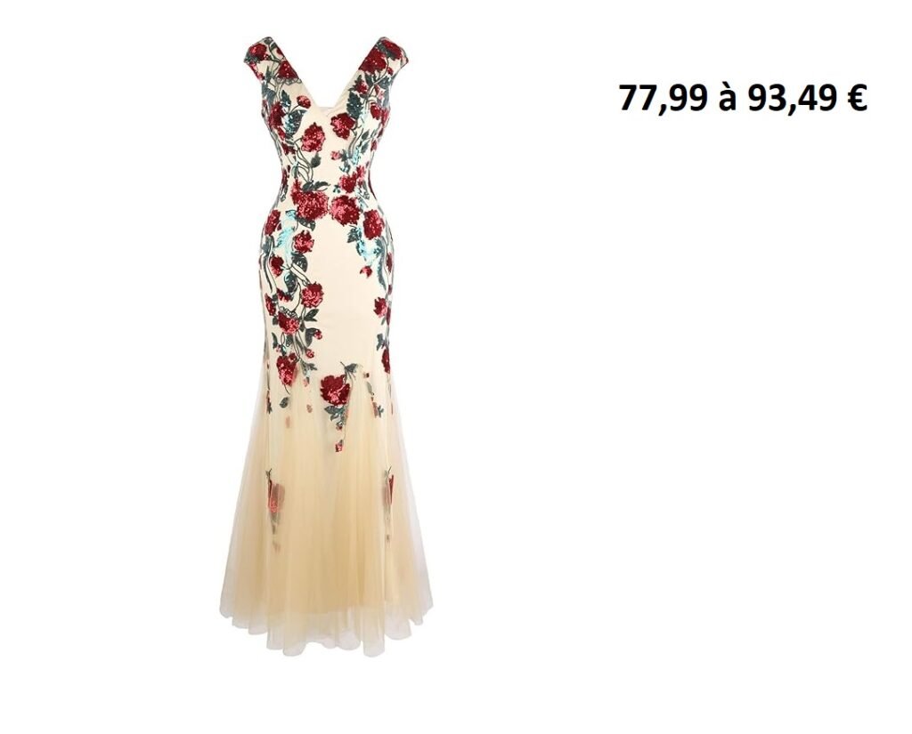 Robe sirène longue nude à sequins floraux rouges et verts.