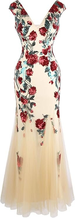 Robe sirène longue nude à sequins floraux rouges et verts.
