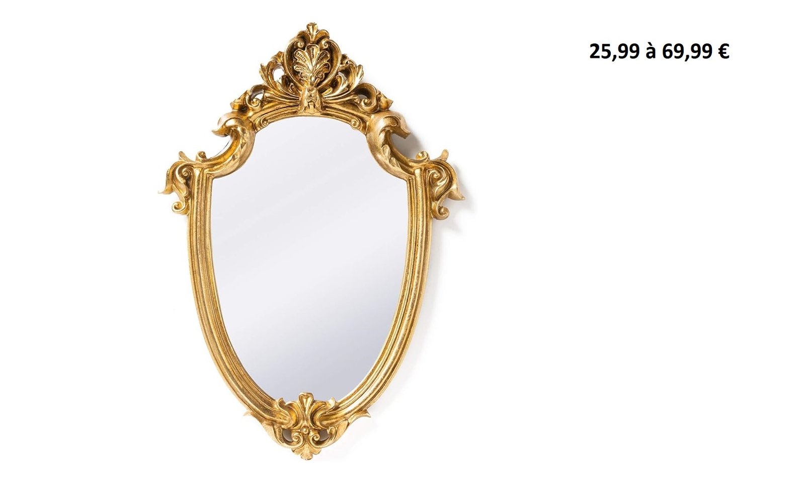 Miroir baroque doré à cadre sculpté et forme ovale.