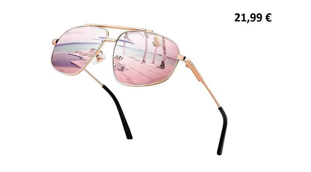 Lunettes de soleil aviateur dorées avec verres roses miroir, vendues 21,99 €.