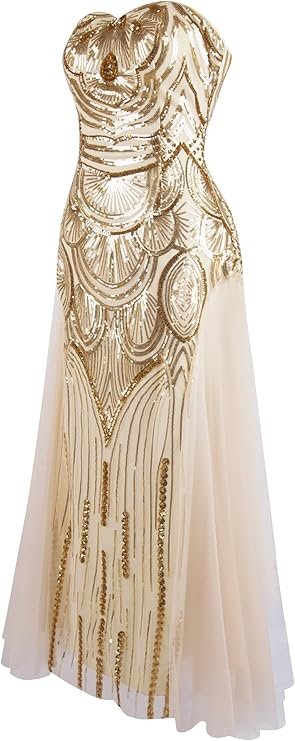 Robe de soirée vintage dorée sans bretelles à sequins style années 20.