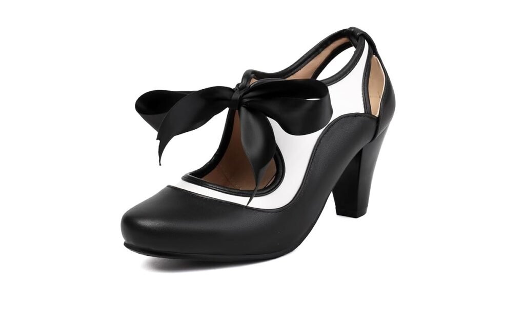 Chaussure vintage femme à talon, bicolore noir et blanc, avec ruban satiné.