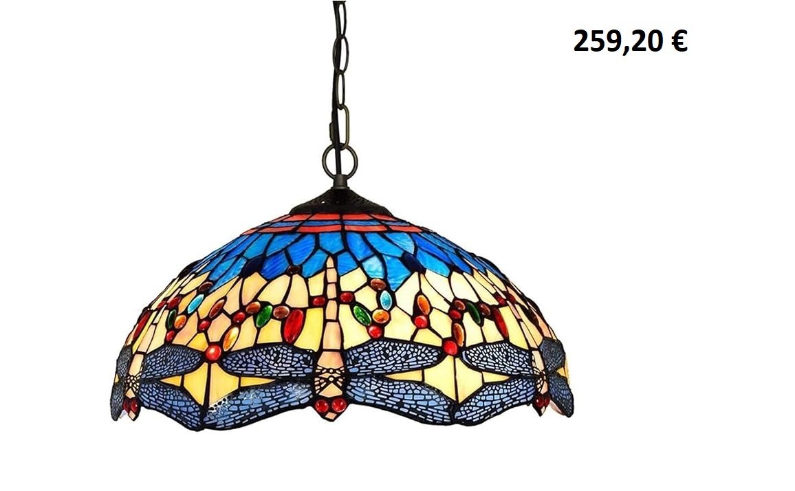 Suspension Tiffany vintage avec abat-jour en vitrail coloré et motif de libellules.