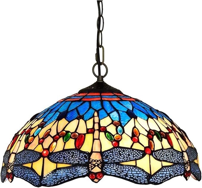 Suspension Tiffany vintage avec abat-jour en vitrail coloré et motif de libellules.
