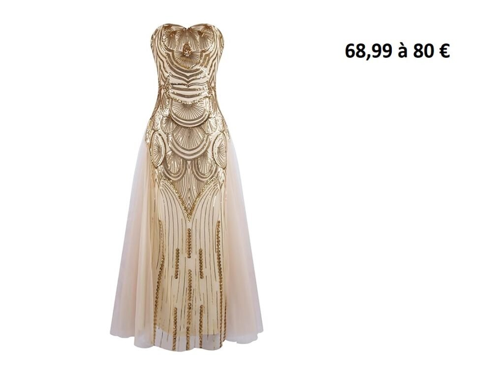 Robe de soirée vintage dorée sans bretelles à sequins style années 20.