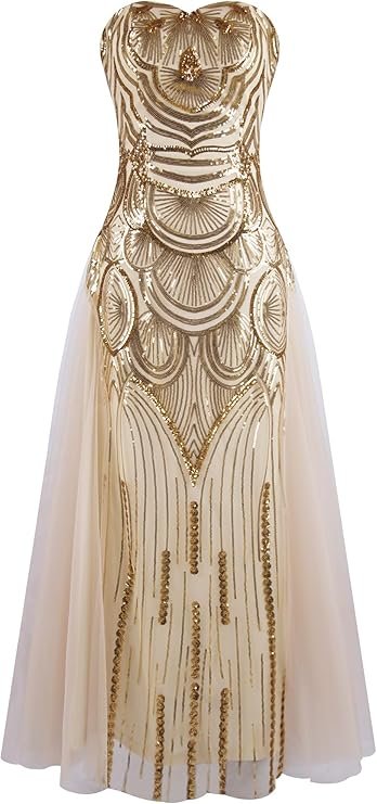 Robe de soirée vintage dorée sans bretelles à sequins style années 20.