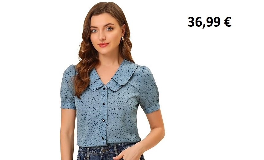 Femme portant un chemisier bleu à pois noirs avec col Claudine et manches courtes.