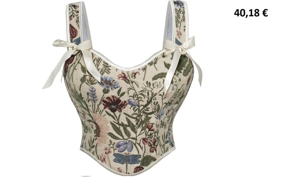 Corset fleuri en tissu tapisserie avec bretelles à rubans satinés.