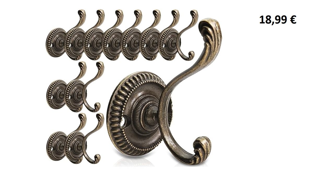 Lot de patères vintage en métal bronze, décorées de motifs classiques, vendu à 18,99 €.