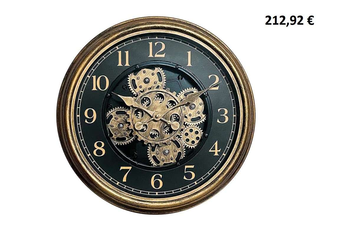 Horloge murale vintage noire avec engrenages dorés apparents.