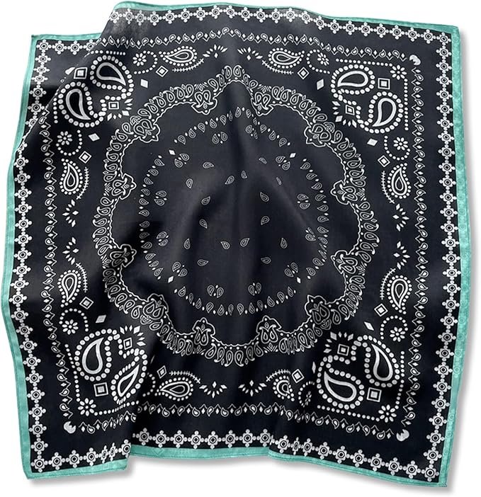 Bandana noir à motif cachemire blanc et bordure turquoise.