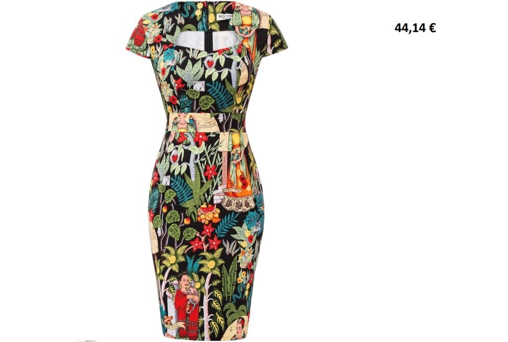 Robe vintage moulante imprimée Frida Kahlo et motifs floraux tropicaux.