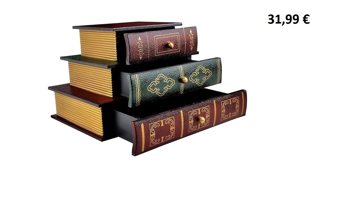 Boîte à tiroirs décorative en forme de pile de livres anciens.