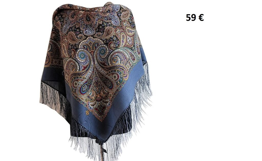 Châle vintage bleu à franges avec motifs cachemire multicolores.