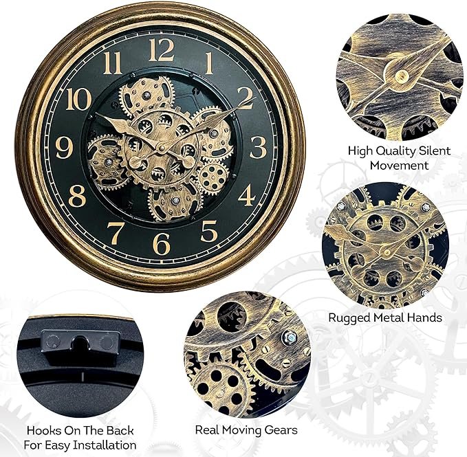 Horloge murale vintage noire avec engrenages dorés apparents.