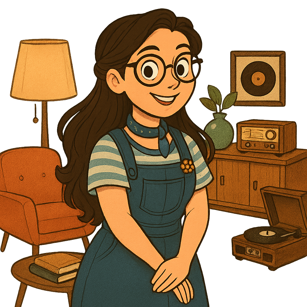 Femme souriante dans un salon rétro avec platine vinyle, radio ancienne et mobilier vintage.