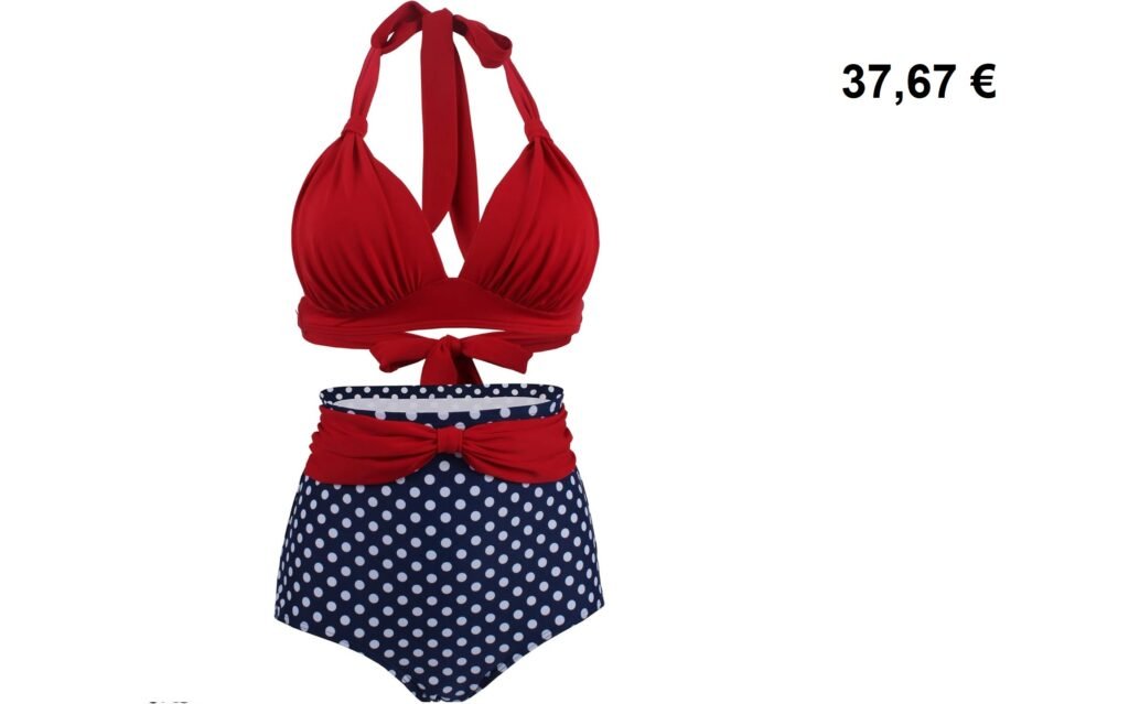 Maillot de bain vintage deux pièces femme, haut rouge noué au cou et culotte taille haute bleu marine à pois blancs.