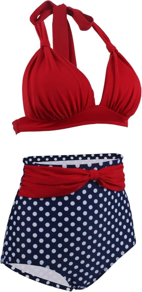 Maillot de bain vintage deux pièces femme, haut rouge noué au cou et culotte taille haute bleu marine à pois blancs.