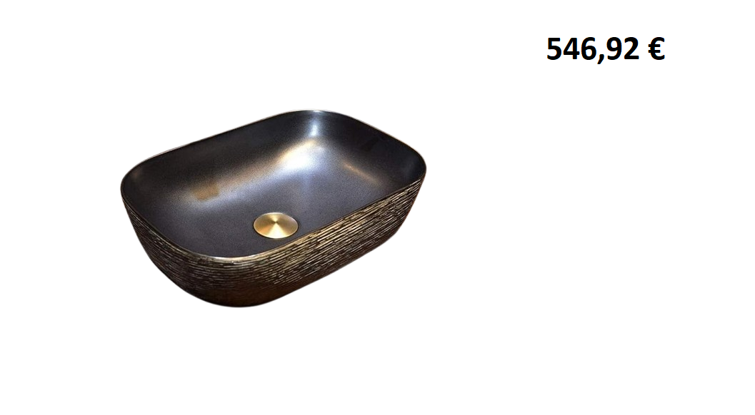 Vasque à poser vintage en céramique noire mate avec finition texturée effet bronze et robinet cascade doré brossé.