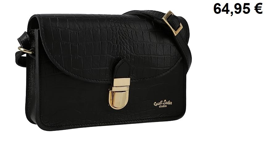 Petit sac à main vintage en cuir noir embossé façon croco, fermoir doré et bandoulière réglable.