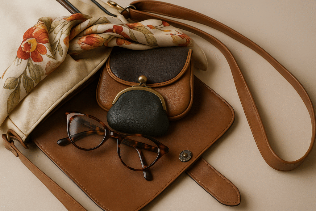 Accessoires vintage posés sur un sac rétro en cuir : lunettes à monture écaille, porte-monnaie ancien, foulard fleuri en soie