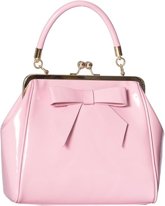 Sac à main vintage rose bonbon avec anse rigide, fermoir rétro doré et nœud décoratif.