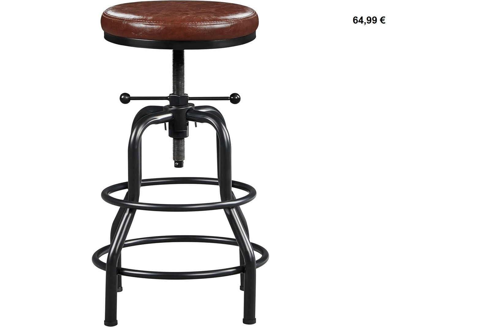 Tabouret industriel vintage réglable en hauteur, assise en cuir marron et structure en métal noir.