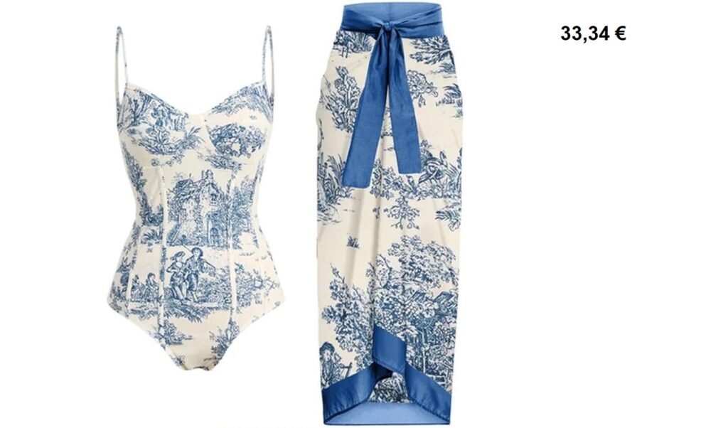 Ensemble vintage femme deux pièces avec bustier et jupe portefeuille à imprimé toile de Jouy bleu et blanc.