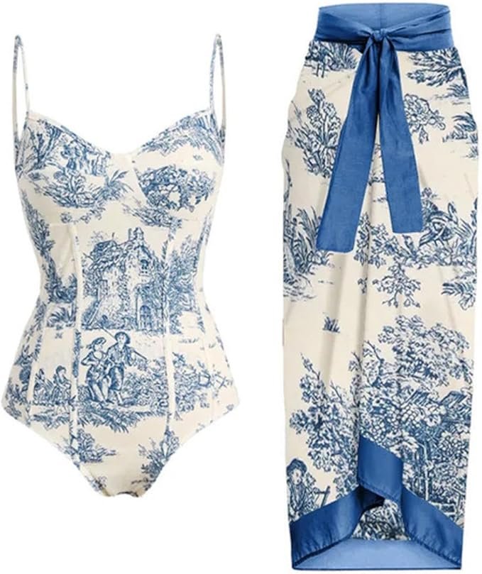 Ensemble vintage femme deux pièces avec bustier et jupe portefeuille à imprimé toile de Jouy bleu et blanc.