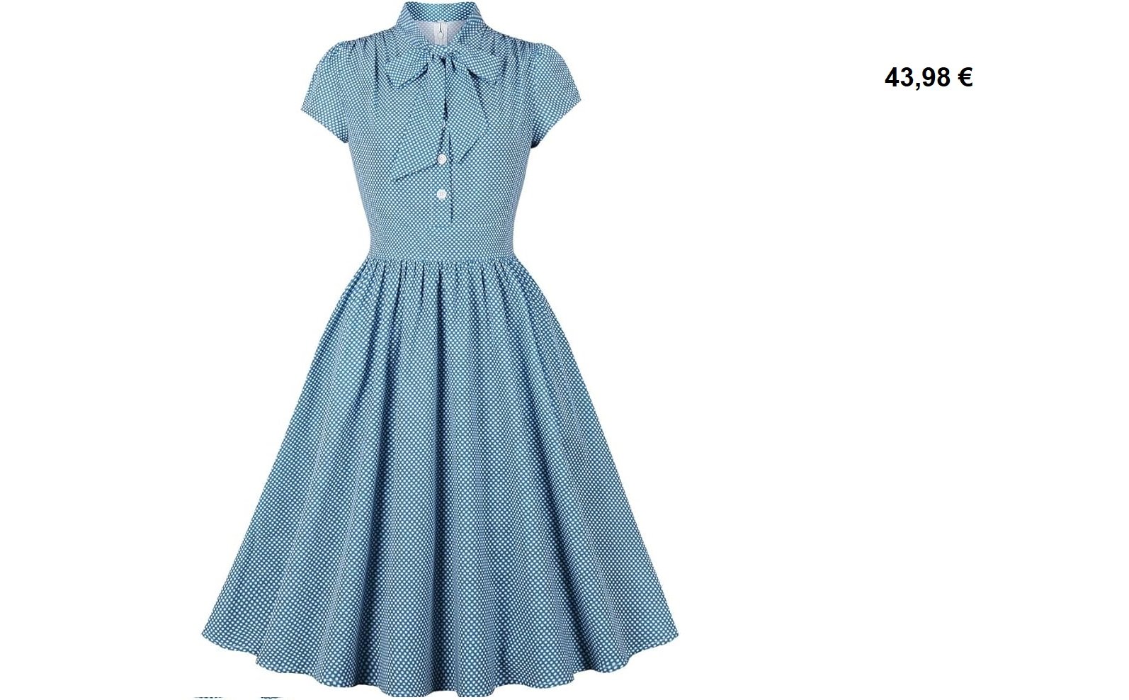 Robe vintage bleu ciel à pois blancs avec col lavallière, manches courtes et jupe évasée.