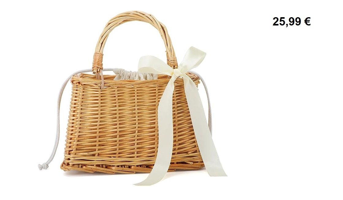 Sac à main en osier avec poignée rigide et nœud blanc élégant, style champêtre et rétro chic.